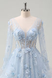 Vestido de Baile de Espartilho de Mangas Longas A-Line Azul e Flores 3D Aplicadas