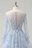 Vestido de Baile de Espartilho de Mangas Longas A-Line Azul e Flores 3D Aplicadas