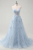 Vestido de baile longo com alças finas azul A-Line espartilho transparente e contas