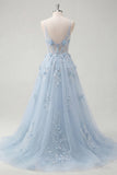 Vestido de baile longo com alças finas azul A-Line espartilho transparente e contas
