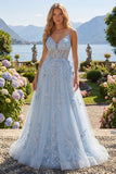 Vestido de baile longo com alças finas azul A-Line espartilho transparente e contas