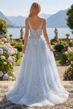 Vestido de baile longo com alças finas azul A-Line espartilho transparente e contas