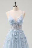 Vestido de baile longo com alças finas azul A-Line espartilho transparente e contas