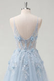 Vestido de baile longo com alças finas azul A-Line espartilho transparente e contas