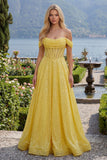 Vestido longo de baile amarelo brilhante em linha A com espartilho de ombros caídos