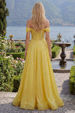 Vestido longo de baile amarelo brilhante em linha A com espartilho de ombros caídos