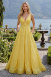 Vestido de baile de finalista longo com bolsos de finalistas amarelo amarelo A com decote em V e lantejoulas