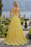 Vestido de baile de finalista longo com bolsos de finalistas amarelo amarelo A com decote em V e lantejoulas