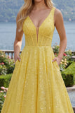 Vestido de baile de finalista longo com bolsos de finalistas amarelo amarelo A com decote em V e lantejoulas