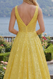 Vestido de baile de finalista longo com bolsos de finalistas amarelo amarelo A com decote em V e lantejoulas