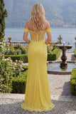 Espartilho de sereia amarelo brilhante com ombros caídos, lantejoulas, vestido comprido de baile com fenda