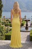 Sereia amarela brilhante Corset de um ombro Lantejoulas Vestido longo de baile com fenda