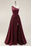 Vestido de baile longo, longo de lantejoulas de um ombro em linha A-line Borgonha brilhante