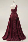 Vestido de baile longo, longo de lantejoulas de um ombro em linha A-line Borgonha brilhante