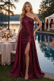 Vestido de baile longo, longo de lantejoulas de um ombro em linha A-line Borgonha brilhante