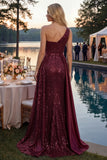 Vestido de baile longo, longo de lantejoulas de um ombro em linha A-line Borgonha brilhante