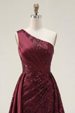 Vestido de baile longo, longo de lantejoulas de um ombro em linha A-line Borgonha brilhante