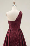 Vestido de baile longo, longo de lantejoulas de um ombro em linha A-line Borgonha brilhante