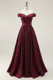 Vestido longo de baile de finalistas, brilhante com ombros caídos, lantejoulas em linha A