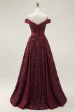 Vestido longo de baile de finalistas, brilhante com ombros caídos, lantejoulas em linha A