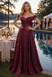 Vestido longo de baile de finalistas, brilhante com ombros caídos, lantejoulas em linha A