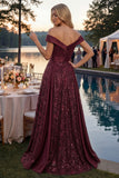 Vestido longo de baile de finalistas, brilhante com ombros caídos, lantejoulas em linha A