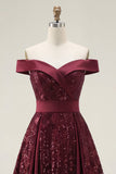 Vestido longo de baile de finalistas, brilhante com ombros caídos, lantejoulas em linha A