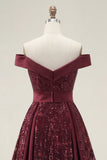 Vestido longo de baile de finalistas, brilhante com ombros caídos, lantejoulas em linha A