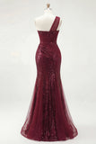 Vestido de baile longo de baile com lantejoulas, sereia de um ombro só com fenda