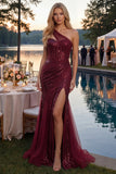 Vestido de baile longo de baile com lantejoulas, sereia de um ombro só com fenda