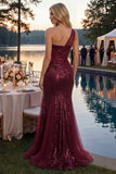 Vestido de baile longo de baile com lantejoulas, sereia de um ombro só com fenda