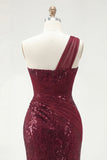 Vestido de baile longo de baile com lantejoulas, sereia de um ombro só com fenda
