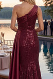 Vestido de baile longo de finalistas com lantejoulas de um ombro em forma de sereia com um ombro e lantejoulas