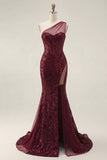 Vestido de Baile de Finalistas com Lantejoulas Borgonha Brilhante Um Ombro Longo e Vestido de Baile