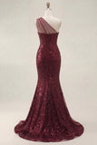 Vestido de Baile de Finalistas com Lantejoulas Borgonha Brilhante Um Ombro Longo e Vestido de Baile