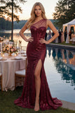 Vestido de Baile de Finalistas com Lantejoulas Borgonha Brilhante Um Ombro Longo e Vestido de Baile