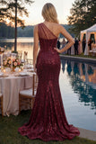 Vestido de Baile de Finalistas com Lantejoulas Borgonha Brilhante Um Ombro Longo e Vestido de Baile
