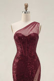 Vestido de Baile de Finalistas com Lantejoulas Borgonha Brilhante Um Ombro Longo e Vestido de Baile
