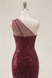 Vestido de Baile de Finalistas com Lantejoulas Borgonha Brilhante Um Ombro Longo e Vestido de Baile
