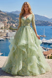 Vestido de Baile Longo de Finalistas Longo Espartilho Linha A Linha A Verde com Decote em V, Aplicado com Folhos