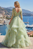 Vestido de Baile Longo de Finalistas Longo Espartilho Linha A Linha A Verde com Decote em V, Aplicado com Folhos