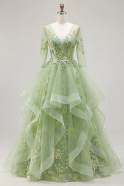 Vestido de Baile Longo de Finalistas Longo Espartilho Linha A Linha A Verde com Decote em V, Aplicado com Folhos