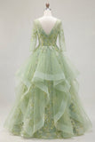 Vestido de Baile Longo de Finalistas Longo Espartilho Linha A Linha A Verde com Decote em V, Aplicado com Folhos