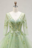 Vestido de Baile Longo de Finalistas Longo Espartilho Linha A Linha A Verde com Decote em V, Aplicado com Folhos