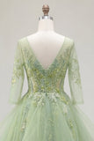 Vestido de Baile Longo de Finalistas Longo Espartilho Linha A Linha A Verde com Decote em V, Aplicado com Folhos