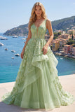 Vestido de Baile Longo de Finalistas Longo Espartilho Linha A Linha A Verde com Decote em V, Aplicado com Folhos