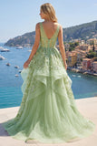 Vestido de Baile Longo de Finalistas Longo Espartilho Linha A Linha A Verde com Decote em V, Aplicado com Folhos
