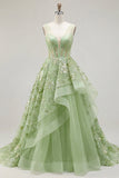 Vestido de Baile Longo de Finalistas Longo Espartilho Linha A Linha A Verde com Decote em V, Aplicado com Folhos