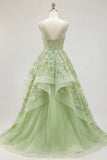 Vestido de Baile Longo de Finalistas Longo Espartilho Linha A Linha A Verde com Decote em V, Aplicado com Folhos