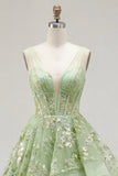 Vestido de Baile Longo de Finalistas Longo Espartilho Linha A Linha A Verde com Decote em V, Aplicado com Folhos